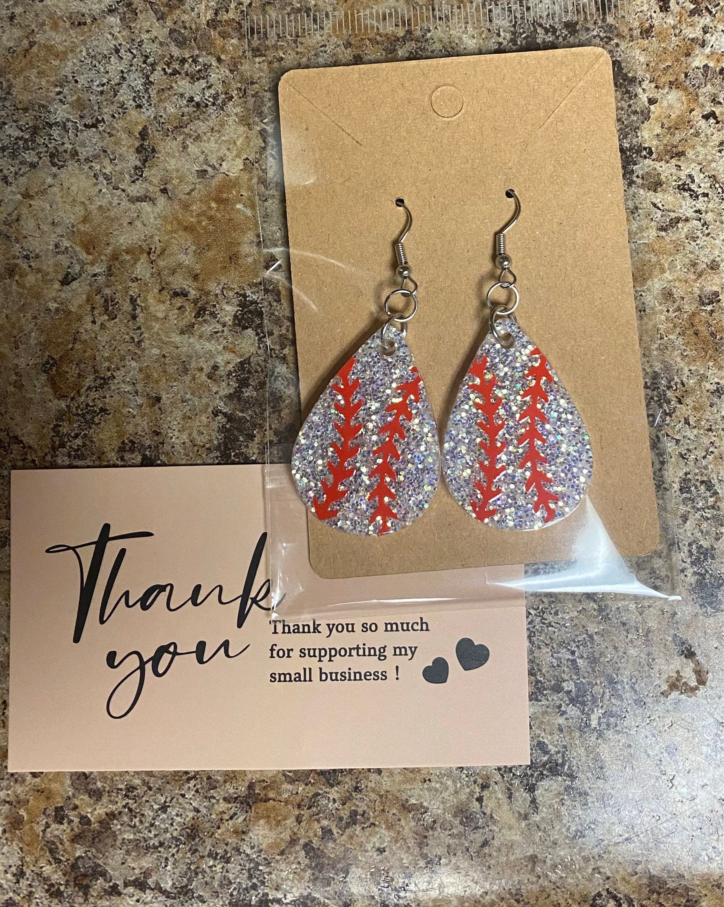 Baseball Teardrop Shaped Glitter Epoxy Earrings