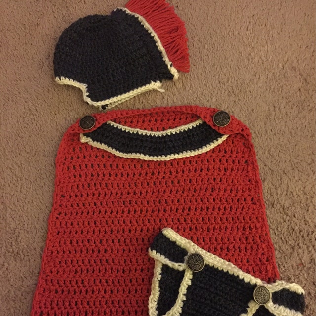 A customer's finished Baby Gladiator Outfit Crochet Pattern