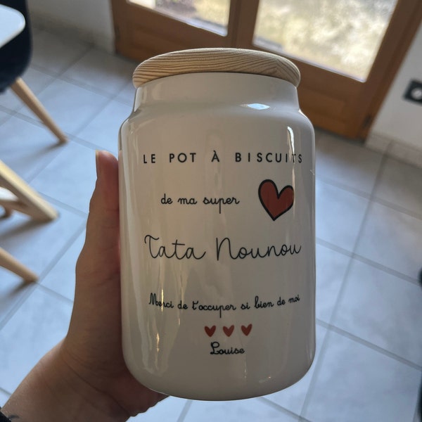 Pot à Biscuits Personnalisé Nounou - Cadeau Gourmand Original Avec Photo Ou Message - Céramique Et Couvercle Bois