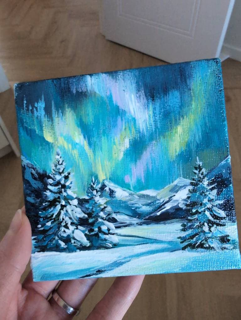 Buyer photo of Aurora painting: Northern Lights Art, Hand-Painted Snowy Mountain Landscape, ...