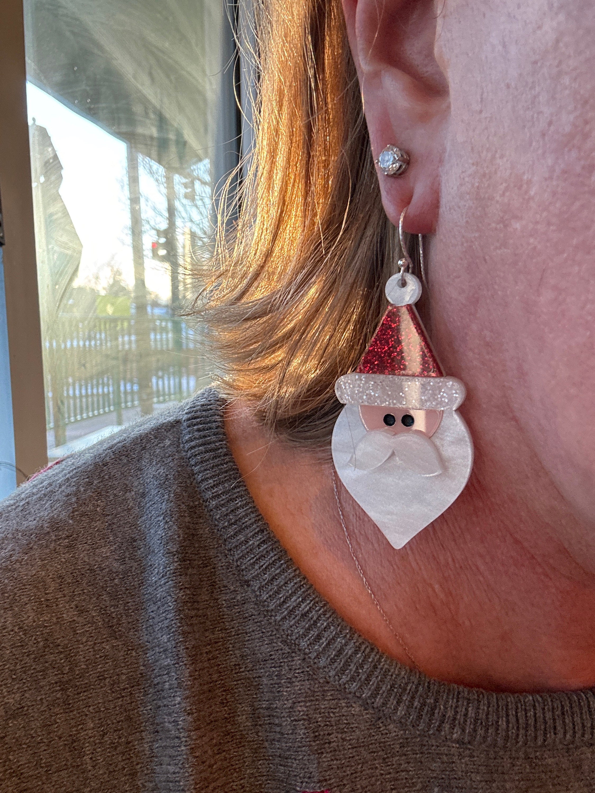 Christmas Santa Clause Acrylic Earrings, Holiday Festive Statement Earrings Pierced or Clip-on