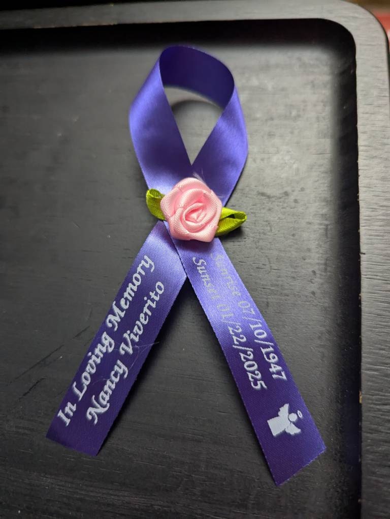 Personalized Memorial Ribbons with Pins for Funeral or Celebration of Life Assembled Fundraiser Awareness Ribbon - Rose Center Decoration