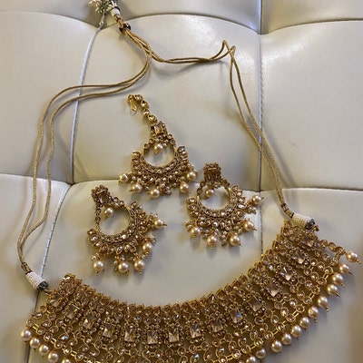 Indian Bollywood Style Designer Bridal Jewelry Set - Gold Plated Necklace Set With Stones & Pearls
