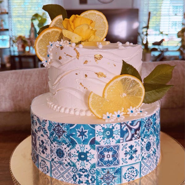 Blue Italian Tiles Cake Wrap Mediterranean Edible Images Decorative ...
