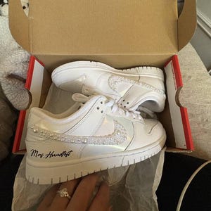 Wedding Bride Nike Dunk Low Sneakers White Pearls Nike Bling Shoes