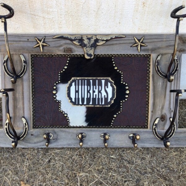 Personalized Cowboy Hat Rack: Reclaimed Barn Wood, Cowhide & Leather - Etsy