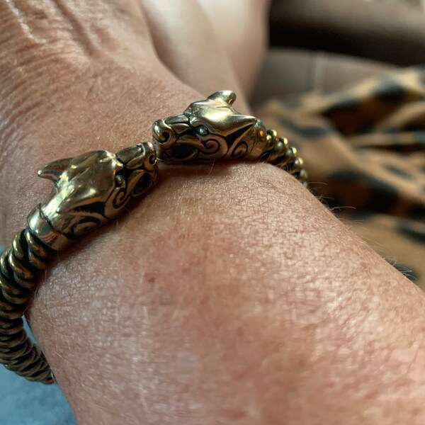LynnAround Big Bronze Viking Fenrir Wolf Head Twisted Cable Bangle Cuff Bracelet - Pagan Norse Jewelry