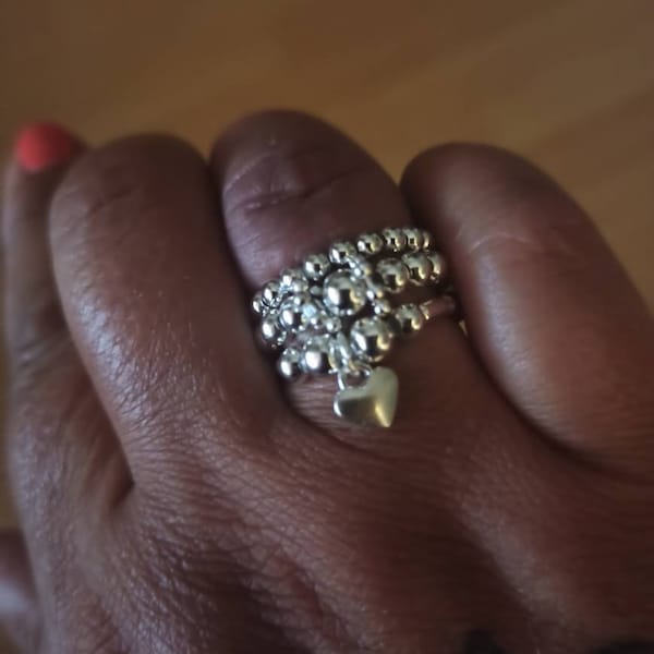 Silver Bead Stretch Stacking Rings Set of 3 With Heart Charm. Purple ...