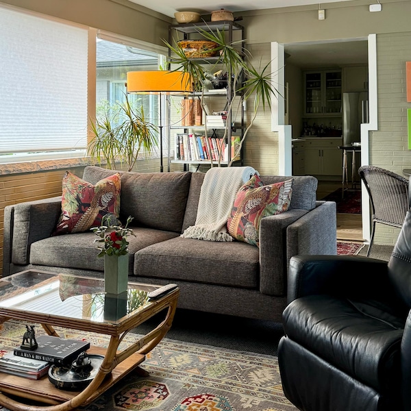 Bleecker Spark Orange Pillow Cover W/ivory Linen Reverse Schumacher