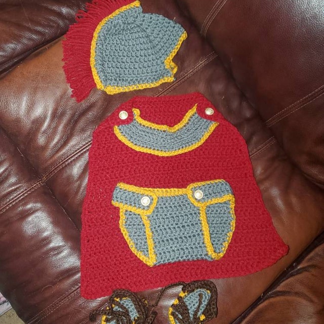 A customer's finished Baby Gladiator Outfit Crochet Pattern
