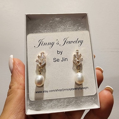 Dainty Freshwater Pearl Droplets Earrings/ Bridal Earring/ CZ Paved ...