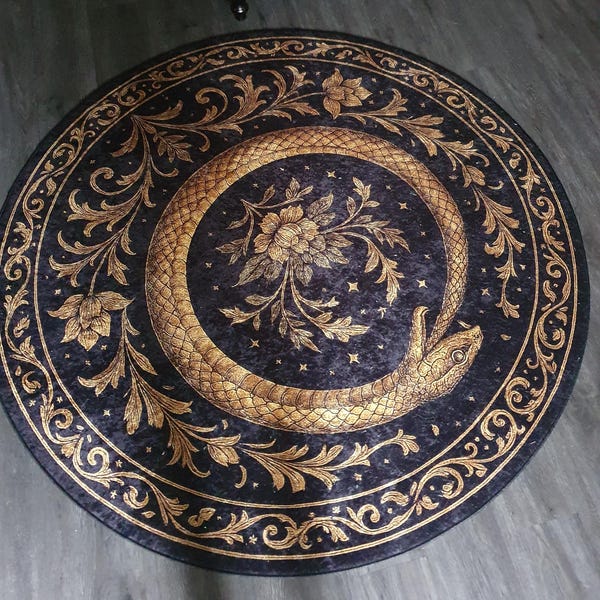 Round Gothic Rug Golden Ouroboros Snake Round Rug – Gothic Black and Gold Baroque Carpet ...
