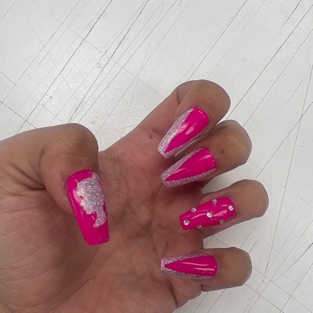 Hot Pink Glitter and Rhinestone Doll Girl Custom Press on Nails - Etsy