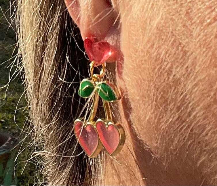 Sparkly Pink Cherry Heart Retro Kitsch Pin Up Valentines Day Earrings