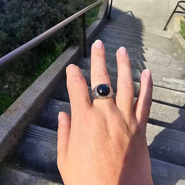 Rockyu 925 Sterling Silver Ring - Black Stone, Star Engraved, One Size Fits Most