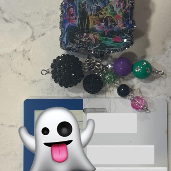 Obookey Nurse Badge Reel Retractable Holder Cute ID Badge Holder With Alligator Clip Beads, Office Card Reels Nursing Gifts (Pink Pumpkin Ghost 5 thumbnail image