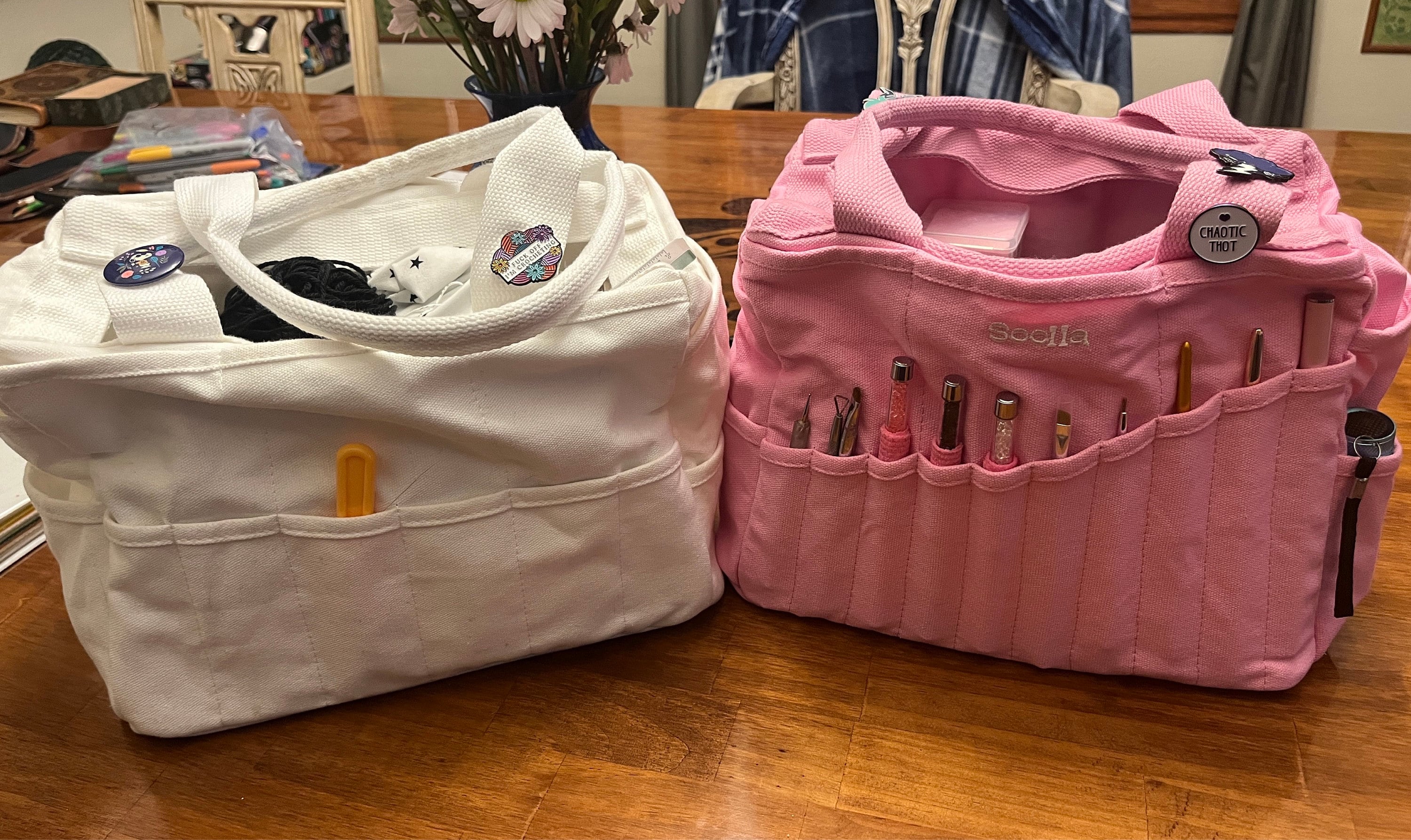 Flamingo Soolla® Art Studio Bag, Pink Art Supplies Carrier & Pottery Tool Bag Tote, Knitting Yarn Project Bag, Crochet Crafts Organizer