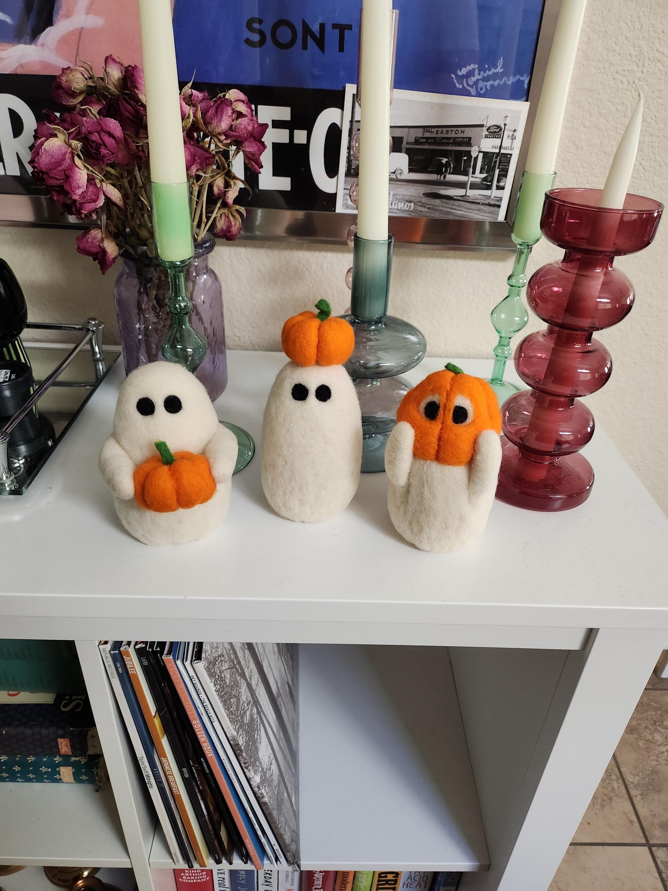 Whimsical Wool Felted Ghosts with Pumpkins | Halloween Decoration