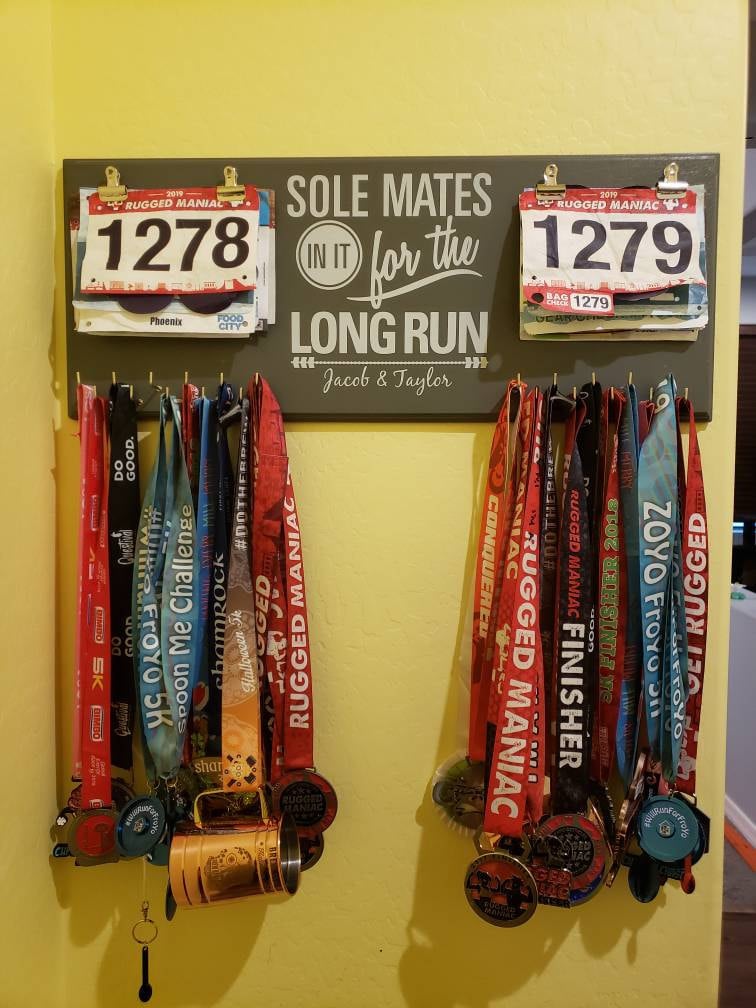 Couples Race Bib Medal Holder - Sole Mates Race MEDAL Bib Display - CUSTOMIZE Name Gift Idea Perfect Couples who Run