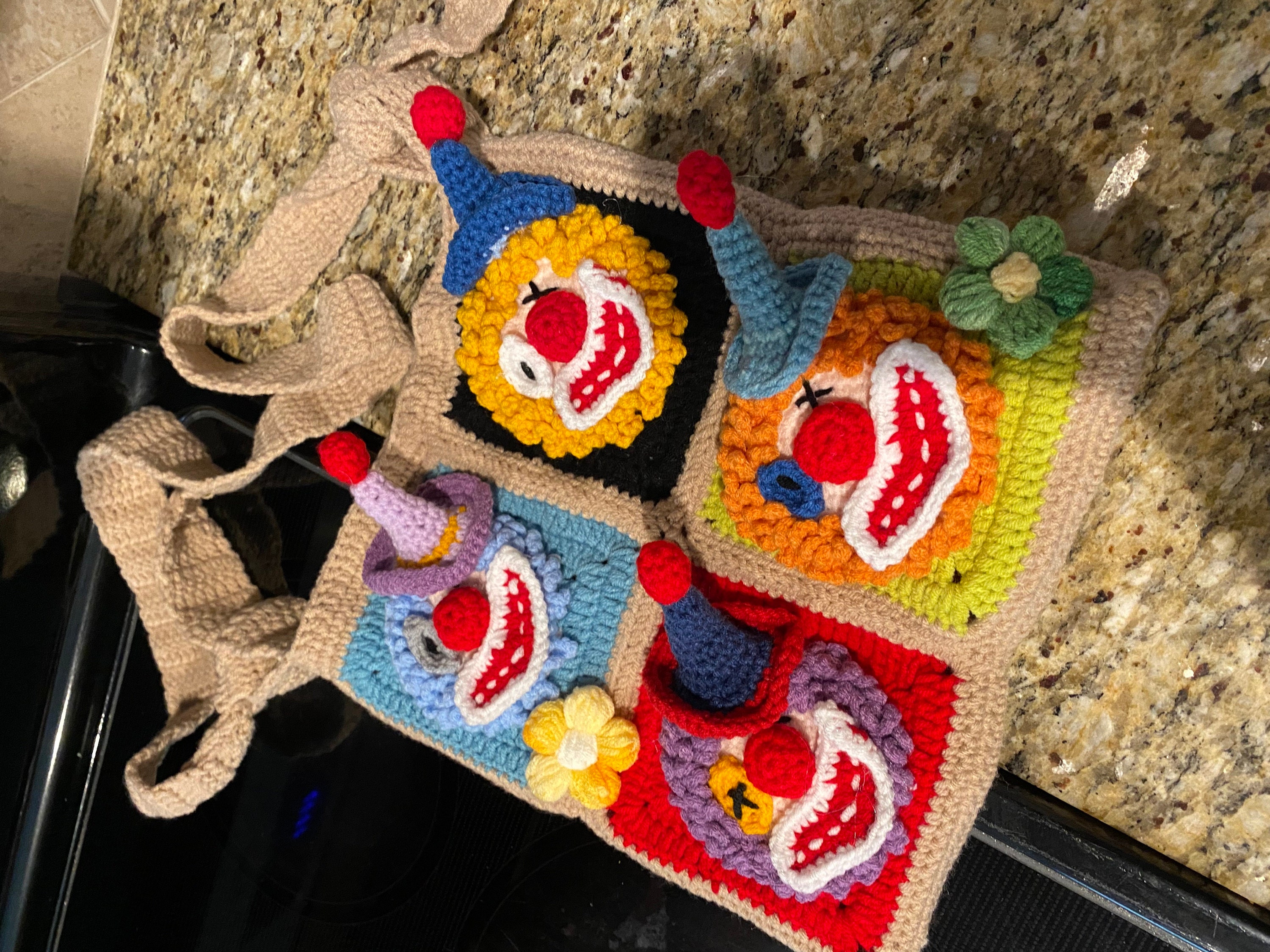Vibrant Clown Quartet Crossbody Bag: Carry the Carnival with You!Valentine's Day Heart Edition|Crochet accessory bag|Handcrafted crochet bag