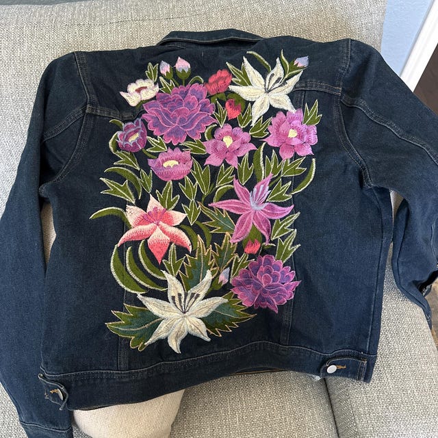 ジャケット・アウター 80s vintage flower denim jeans jacket Vintage 80s One of a Kind Patchwork Bedazzled Acid Wash Jean