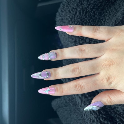Glitter Purple and Pink Press on Nails Long Almond Nails/3d Silver ...