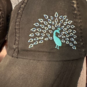 New Custom Designed Blue Distressed Baseball Cap with Embroidered Peacock Blue Peacock Embroidered Cap: Vintage Distressed Cotton  main image 3