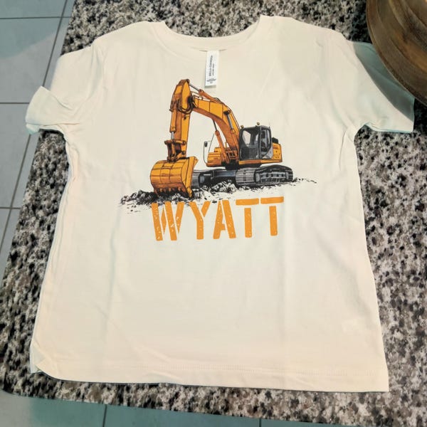 Edward Sinclair Excavator & Dump Truck Kids T-Shirt - Silver & Yellow Print, 100% Cotton