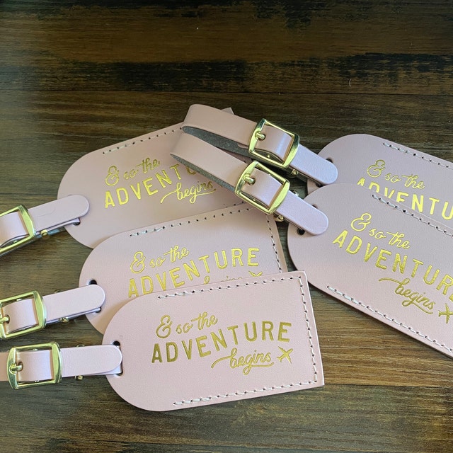 Sweetude 48 Sets Leather Luggage Tags Wedding Favors for Guests Bulk The  Adventure Begins Luggage Tags with Name Card for Bridesmaid Gifts Weddings