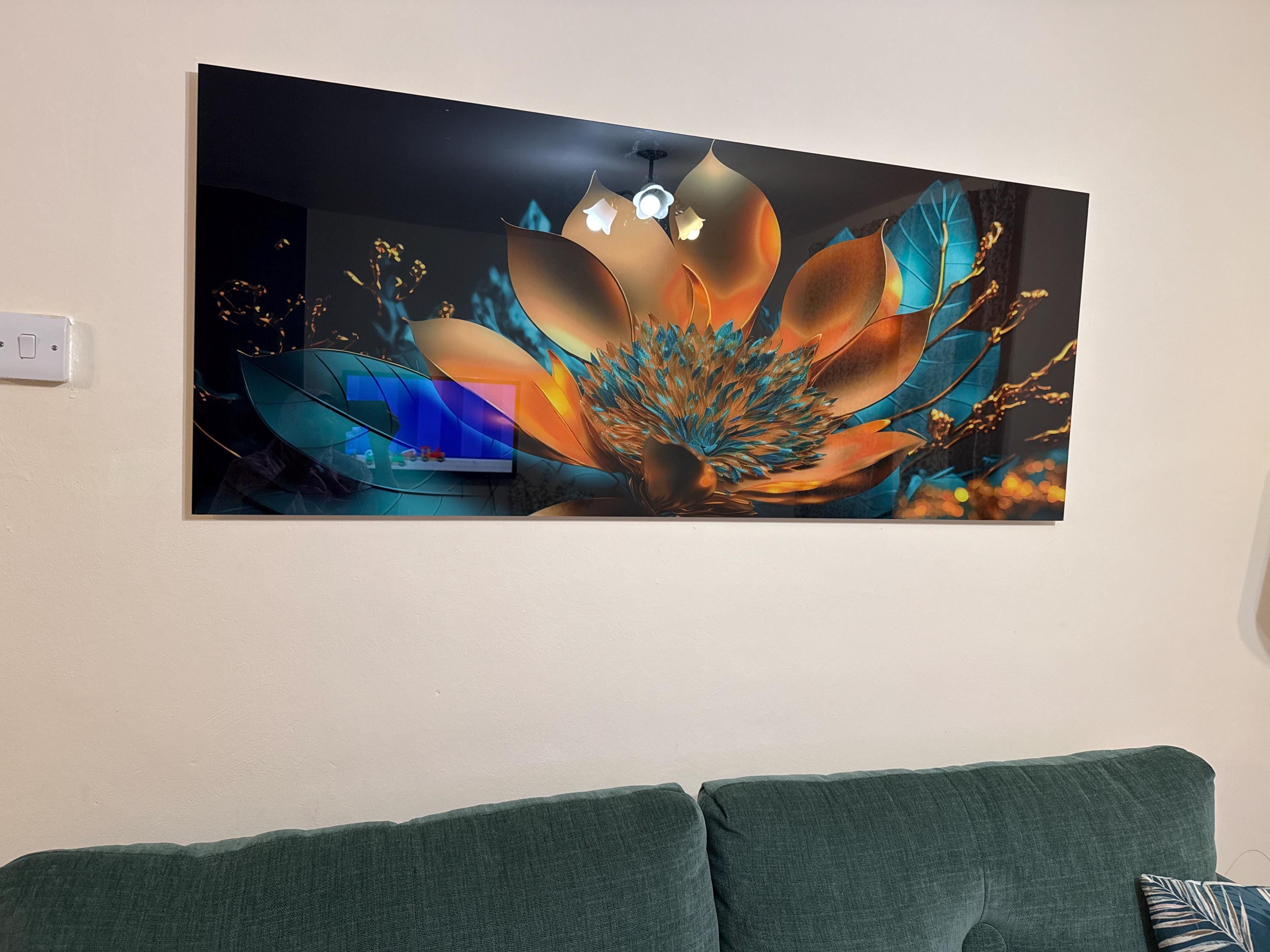 Tempered Glass Wall Art, Extra Large Wall Decor, Living Room Home Decor, Flowers Glass Painting, Decor for Bedroom, Housewarming Gift