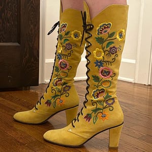 1960s Embroidered Suede Lace-up Boots - Mustard- All Sizes - Jerry