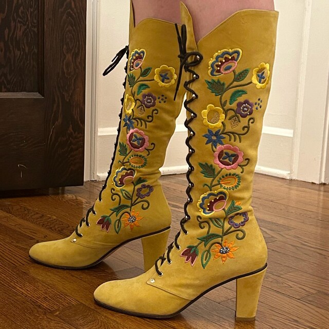 1960s Embroidered Suede Lace-up Boots - Muted Yellow - All Sizes