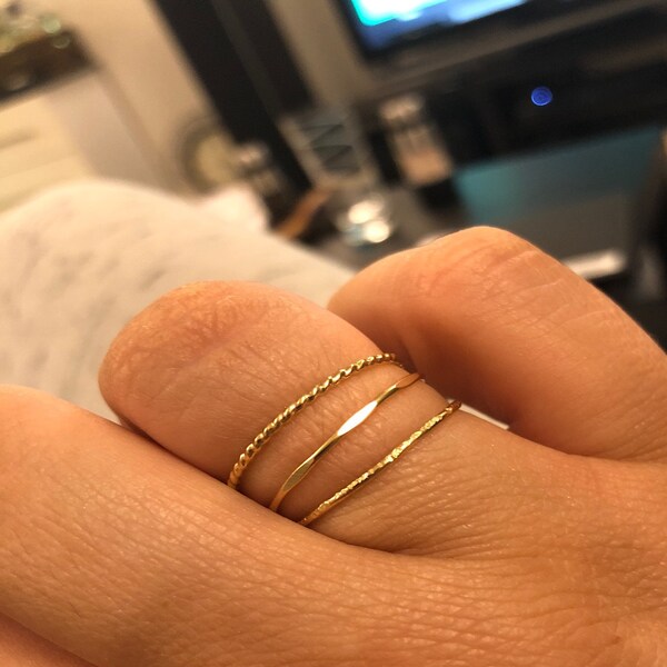 14k GOLD Fill Stacking Rings. Set of THREE Skinny Textured Boho Gold ...