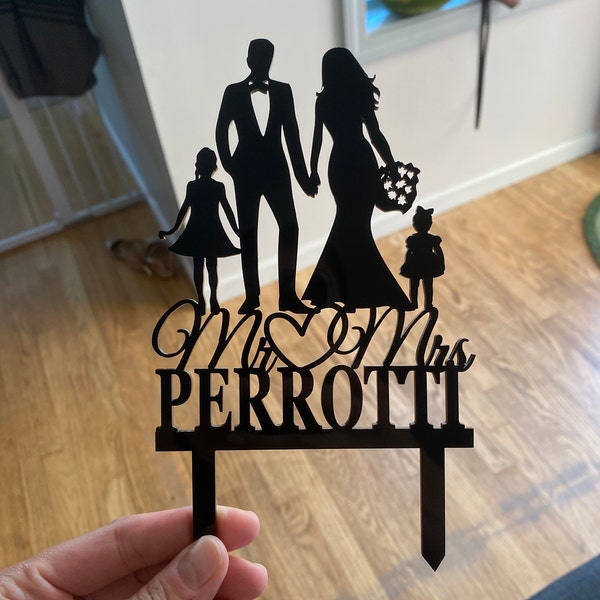 Bride and Groom Two Daughter Family Silhouette Wedding Cake Topper With ...