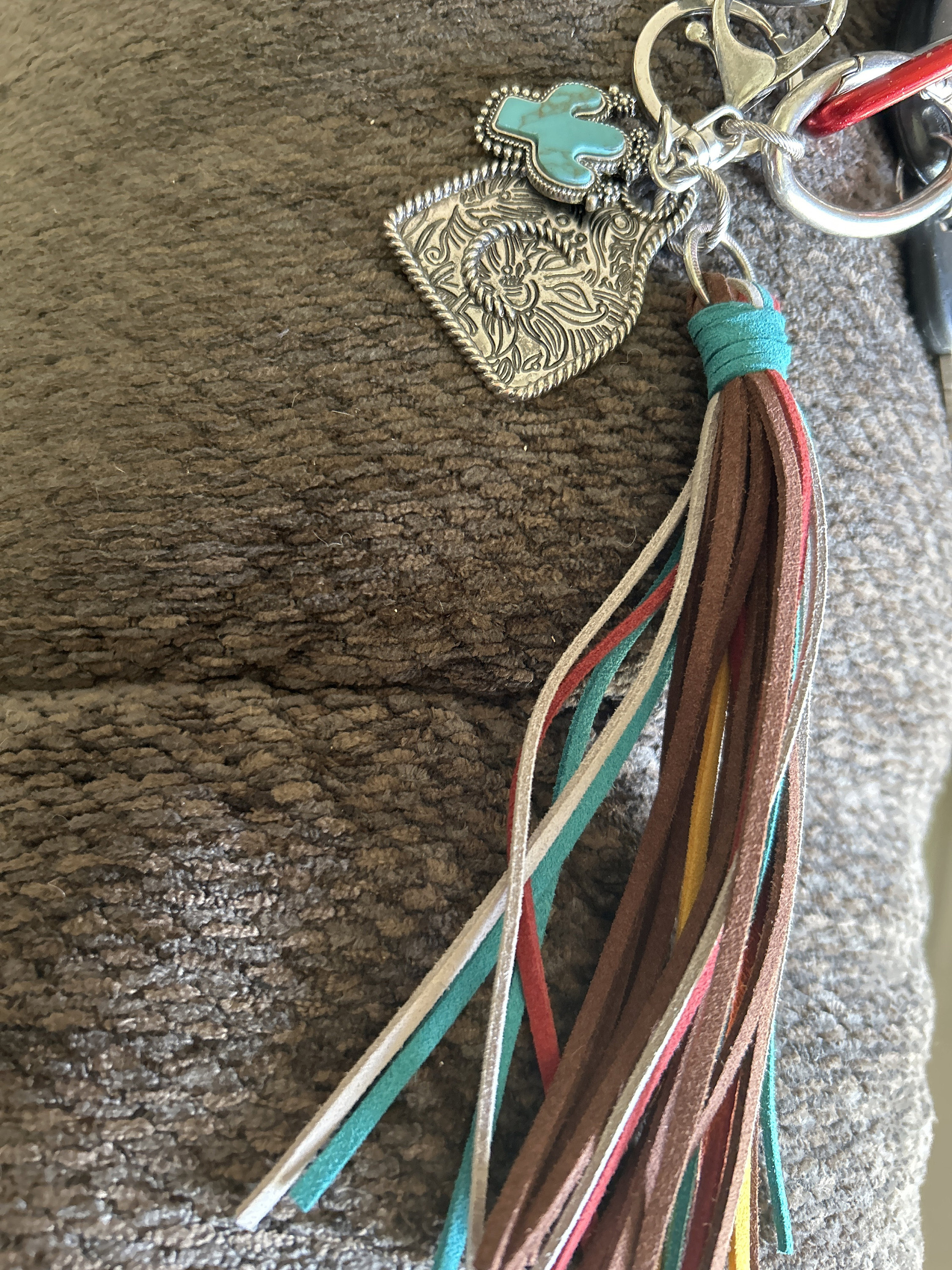 Initial Monogram Keychain/ Turquoise Charm/Initial Cattle Ear Tag Keychain/multi color tassel fringe keychain