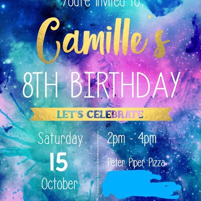 Galaxy Birthday Invitation, Galaxy Party Invitation, Gold Font, 10th ...