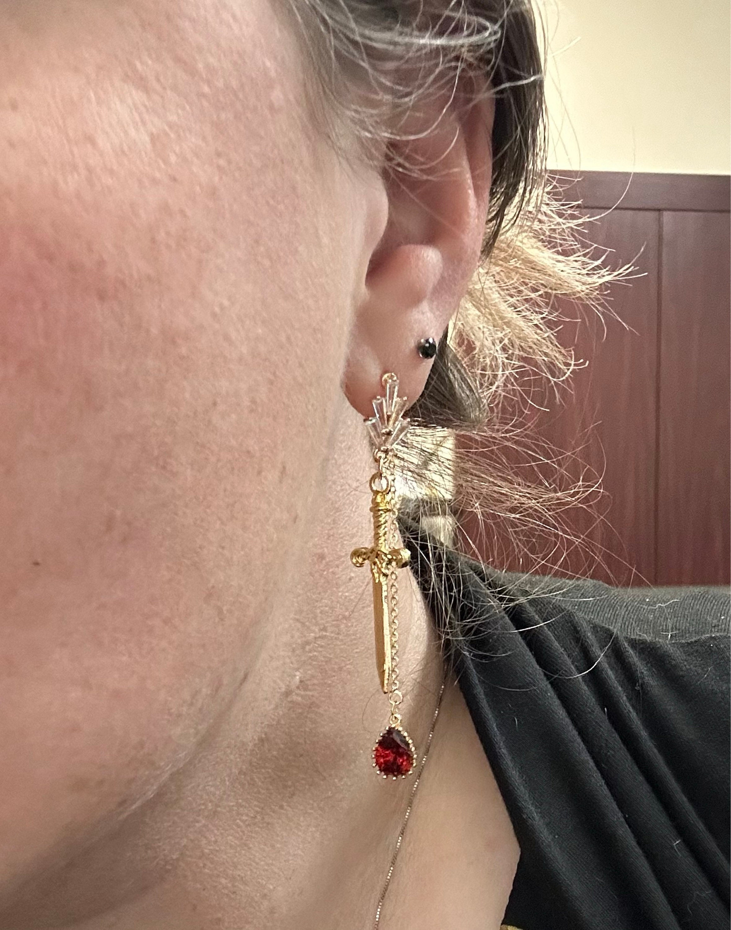 Sword and Blood Drop Dangle 2 Way Earrings / Gold,Silver, Black Deep Red Teardrop Earrings