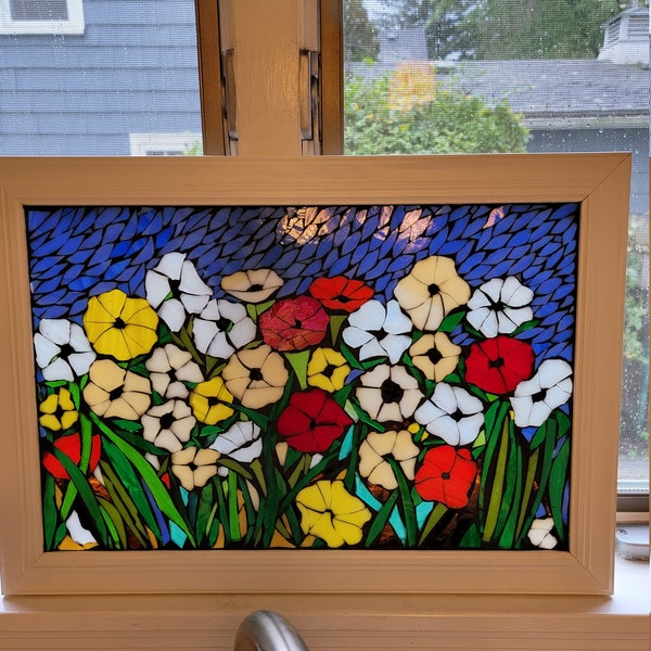 Mixed Flower Stained Glass Mosaic Panel. Framed Hanging Glass Art ...