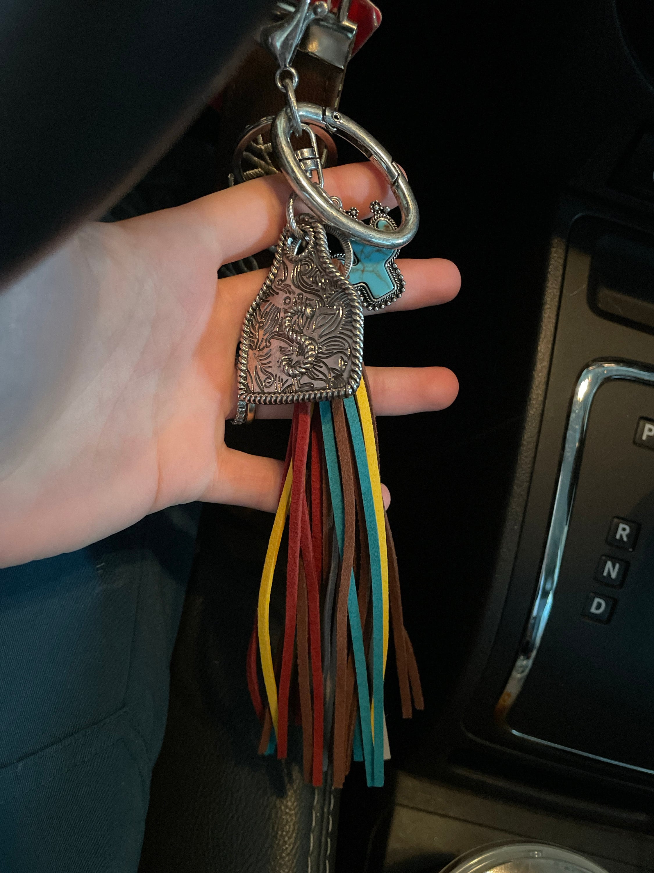 Initial Monogram Keychain/ Turquoise Charm/Initial Cattle Ear Tag Keychain/multi color tassel fringe keychain
