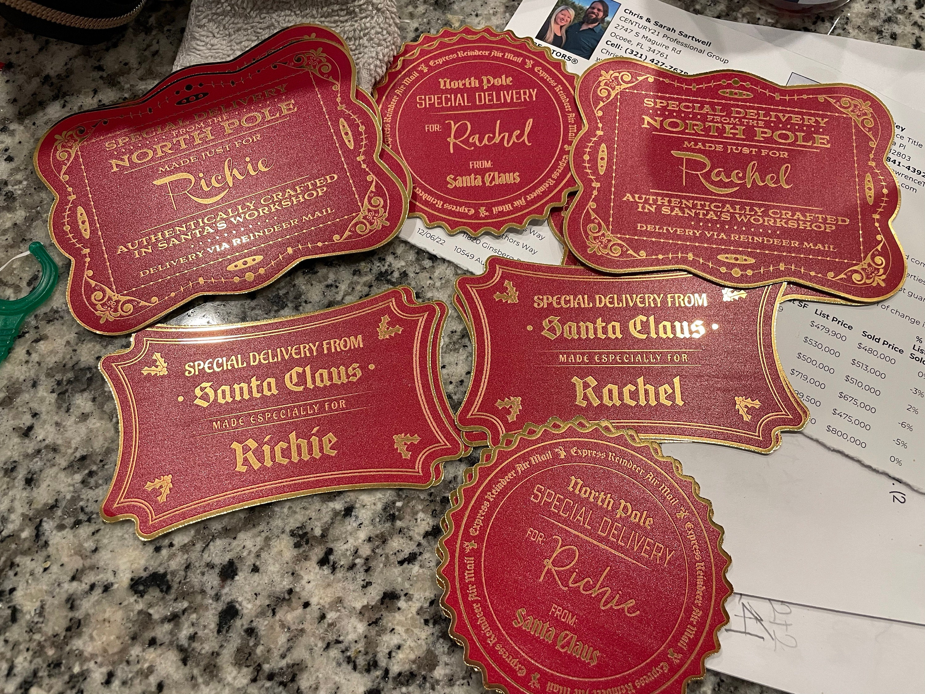 Gold Foil Santa Gift Tags | Set of 6 | Personalized Vintage Gift Tags | Kids Christmas Labels | Christmas Tag Decoration | Christmas Eve