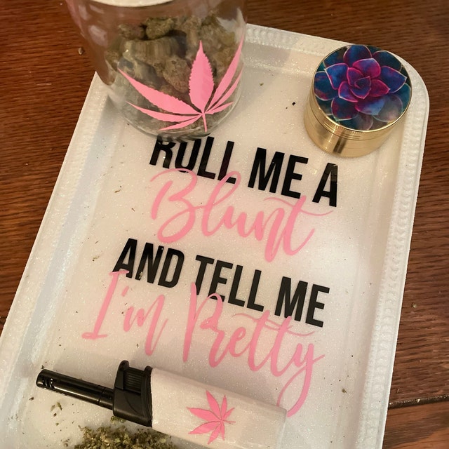 Roll Me and Tell Me I'm Pretty Tray Set Sweetie Pie Glitter Tray Set 5  Piece Custom Tray Set Rolling Tray Set 