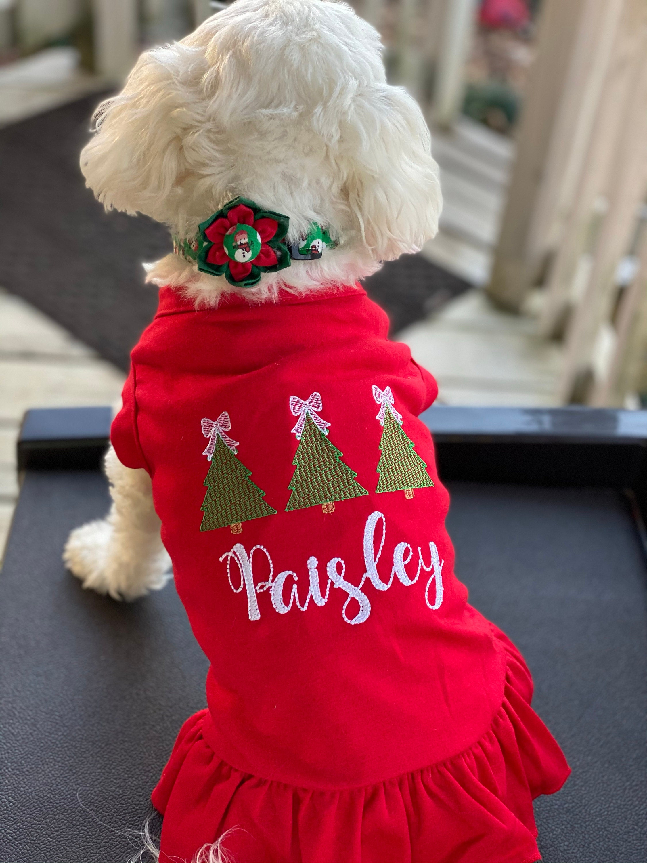 Christmas Dog Shirt or Dress, Christmas Bow Tree Sketch Trio Monogrammed Shirt, Beautiful Personalized Embroidered Holiday Puppy Clothing
