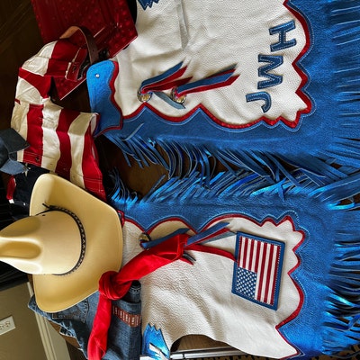 Chaps En Cuir Sur Mesure - Rodeo Patriotique - Fabriqué Aux USA - Neuf