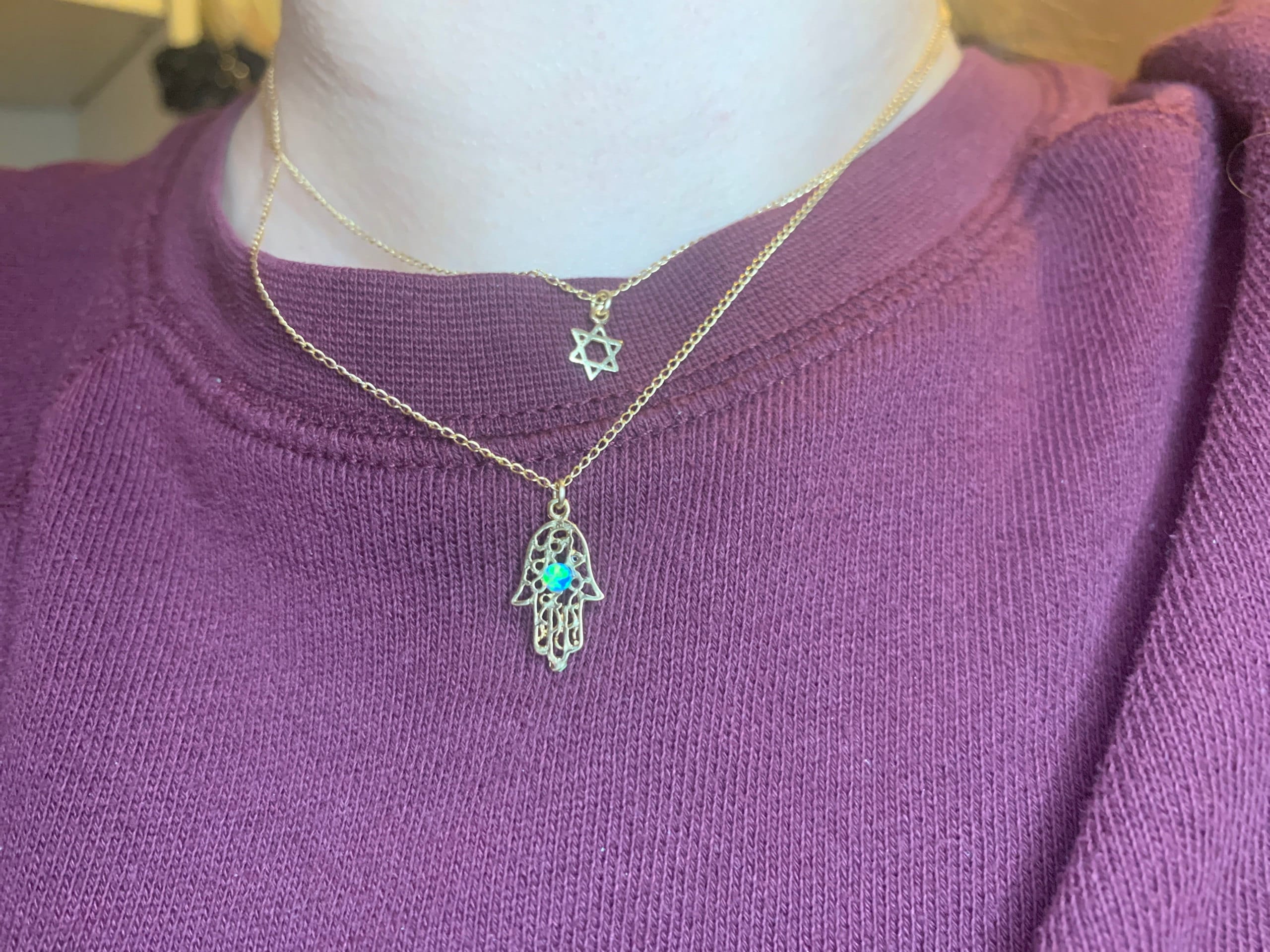Opal hamsa necklace, gold Hamsa necklace, gold hand necklace, Delicate gold necklace, gold hand blue opal necklace, synthetic opal