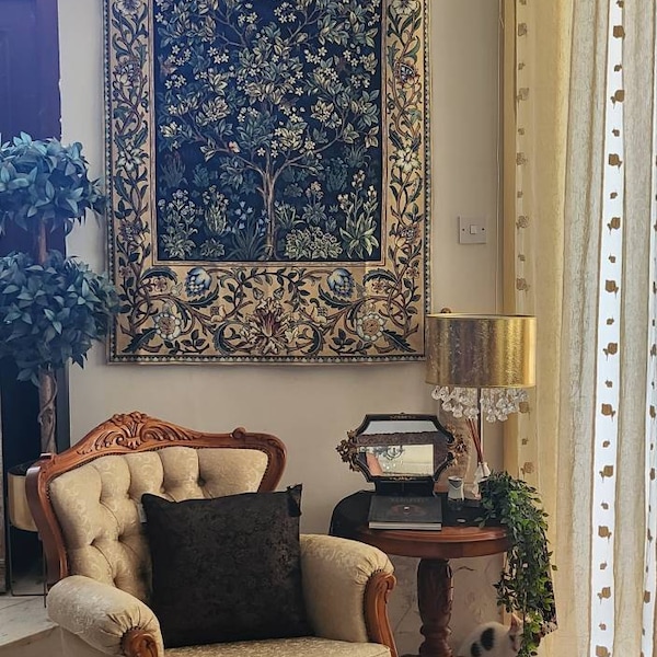 Tree of Life Jacquard Woven Wall Tapestry William Morris Blue Large or ...