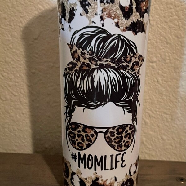20 OZ Glitter Leopard Mom Life Messy Bun Skinny Tumbler Design ...