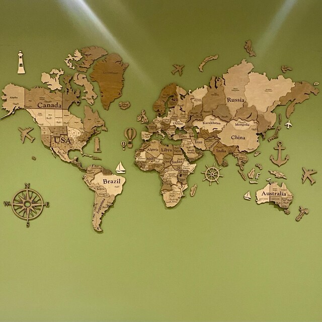 3D Wood Warld Map 14 Mサイズ Large 3D Wooden Map of the World, 3D World Map to Mark