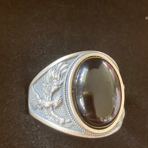 Winged Phoenix Silver Signet Men's Ring, Oxidized Silver Black Onyx ...