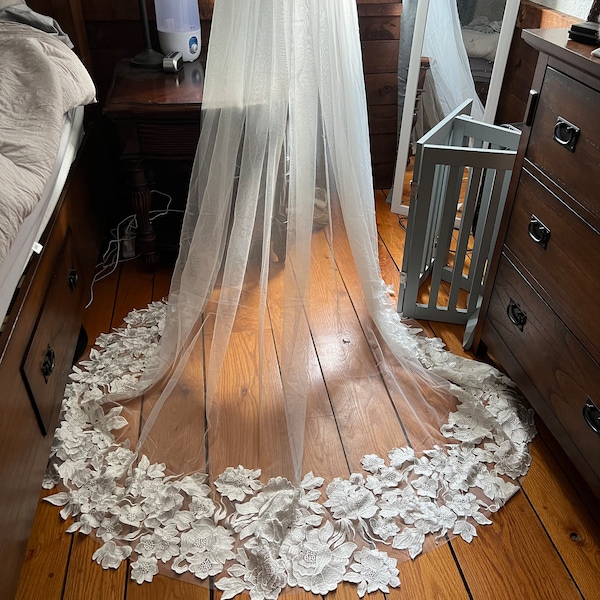 Wedding Veil Cathedral Length Floral Lace Cut Edge Bridal Accessory