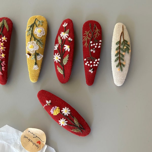 Flower Linen Hair Clips, Handmade Floral Embroidered Hair Clips, Cute ...